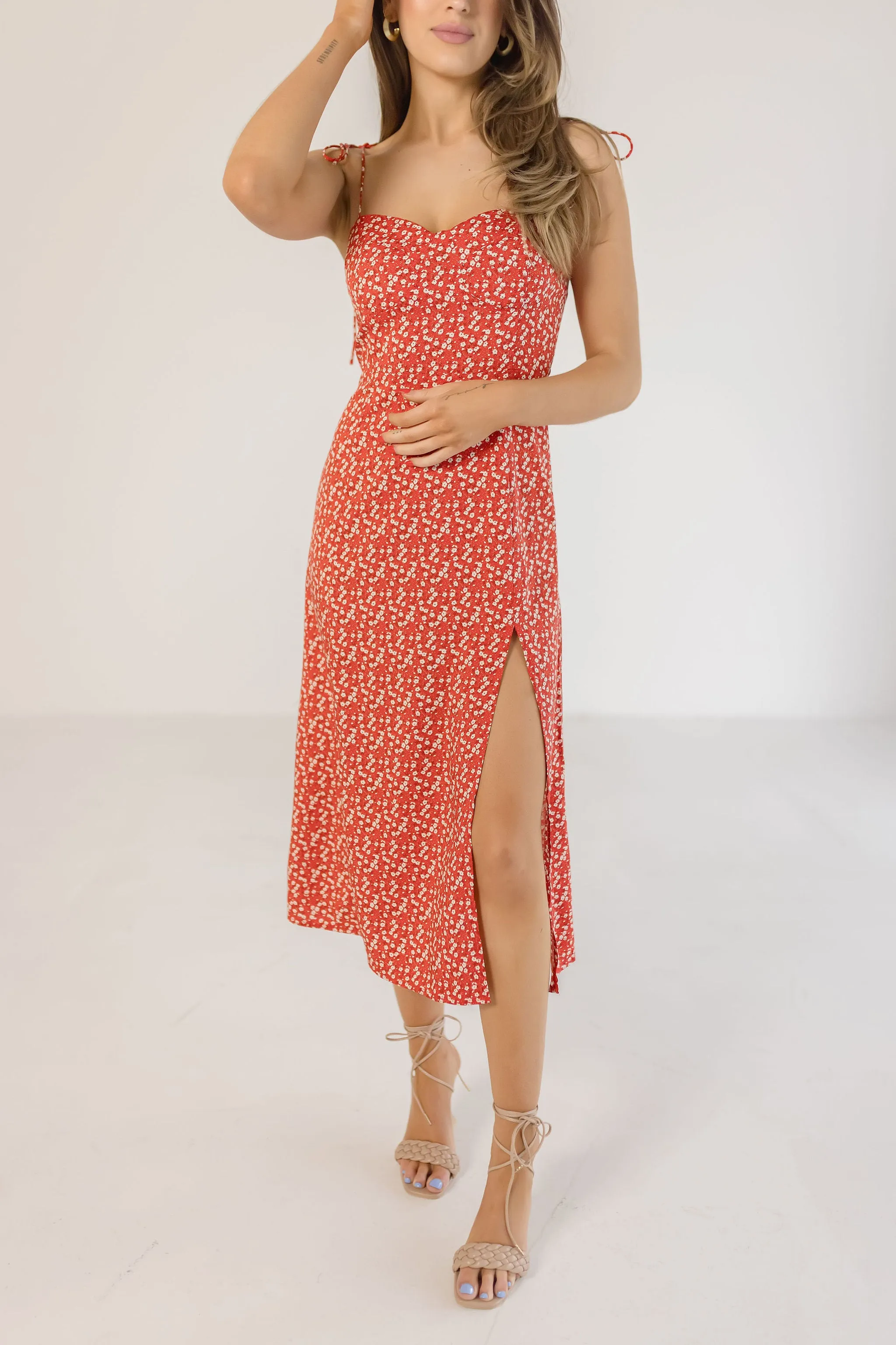 Farrah Sleeveless Shoulder Tie Floral Print Midi Dress Red