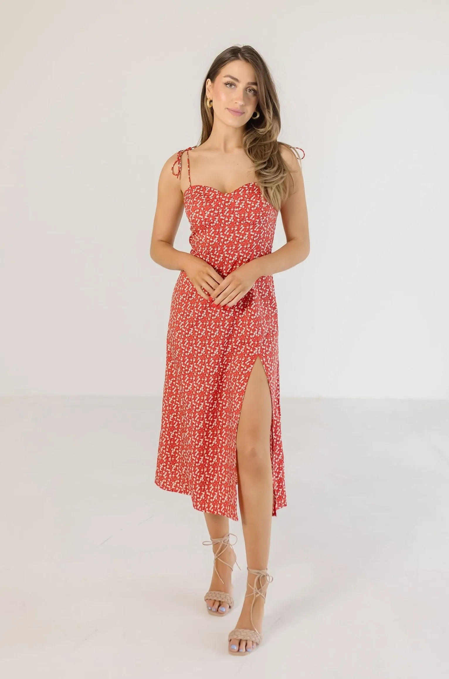 Farrah Sleeveless Shoulder Tie Floral Print Midi Dress Red