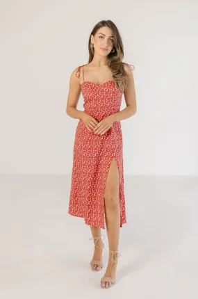 Farrah Sleeveless Shoulder Tie Floral Print Midi Dress Red