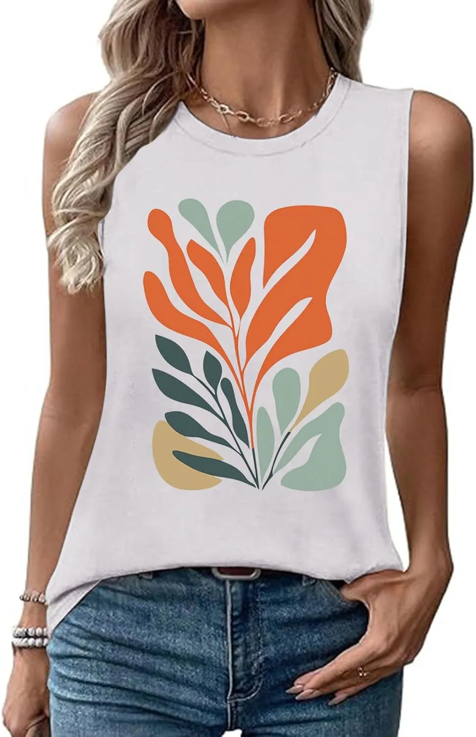 Fashion Casual Print Sleeveless Shirts for Women, Summer Loose Crewneck Trendy Tank Tops Soft Comfy Going Out Clothes