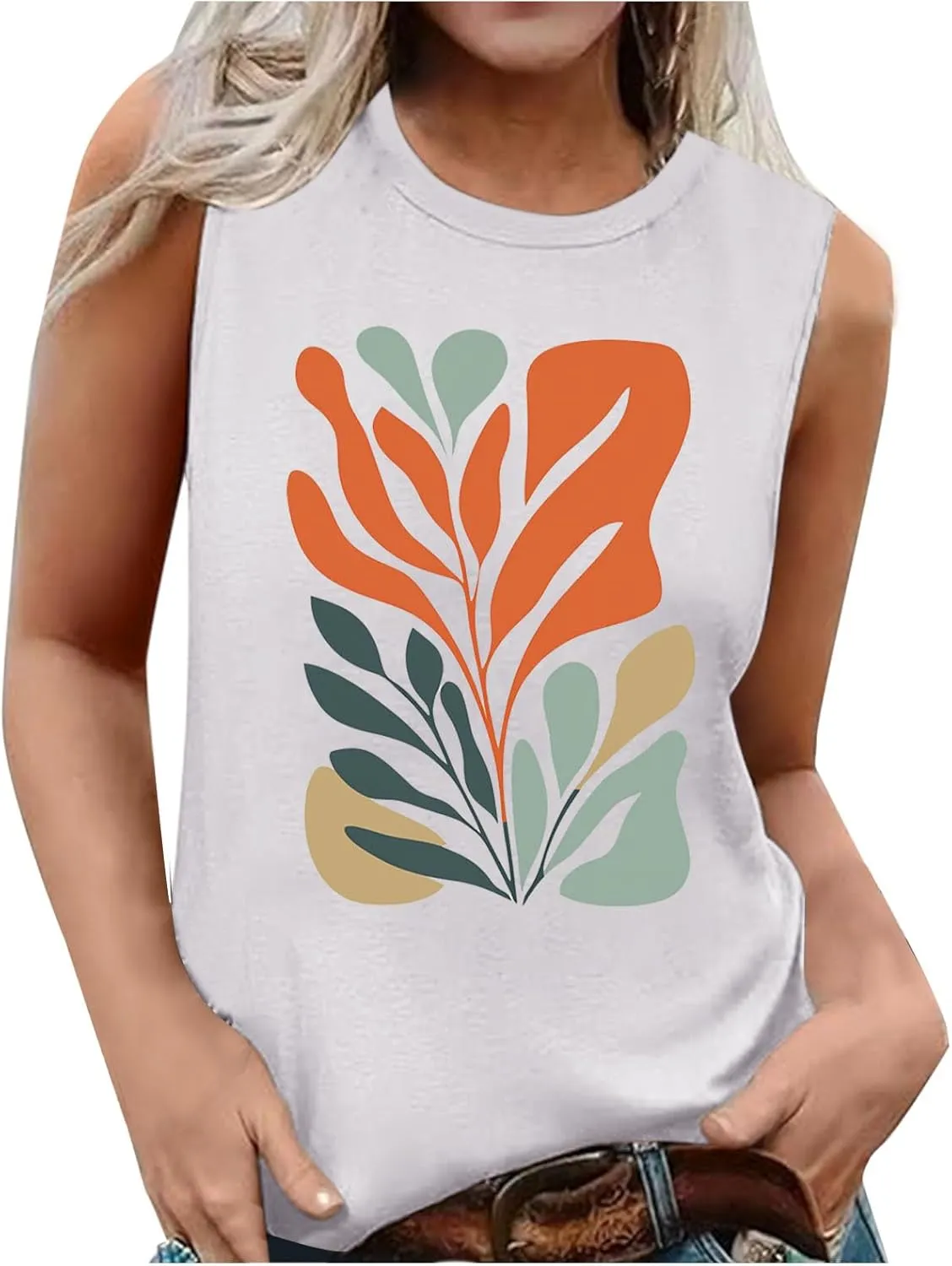 Fashion Casual Print Sleeveless Shirts for Women, Summer Loose Crewneck Trendy Tank Tops Soft Comfy Going Out Clothes