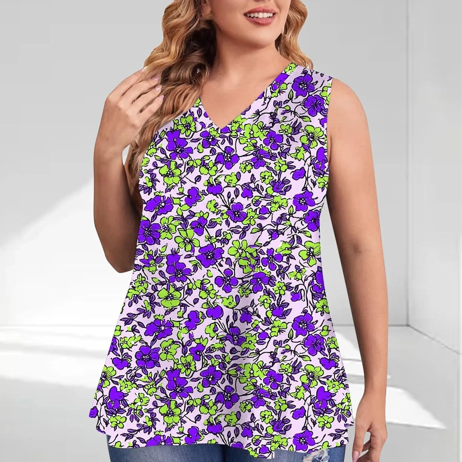 Fashion Print Plus Size Tank Tops for Women, Loose V-Neck Summer Sleeveless Casual Shirts Ruffle Hem Vacation Clothes