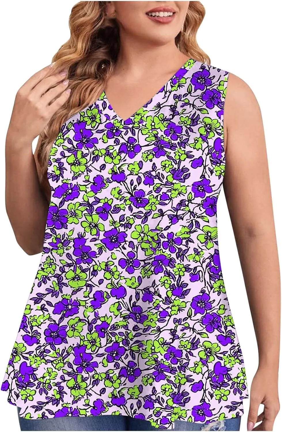 Fashion Print Plus Size Tank Tops for Women, Loose V-Neck Summer Sleeveless Casual Shirts Ruffle Hem Vacation Clothes