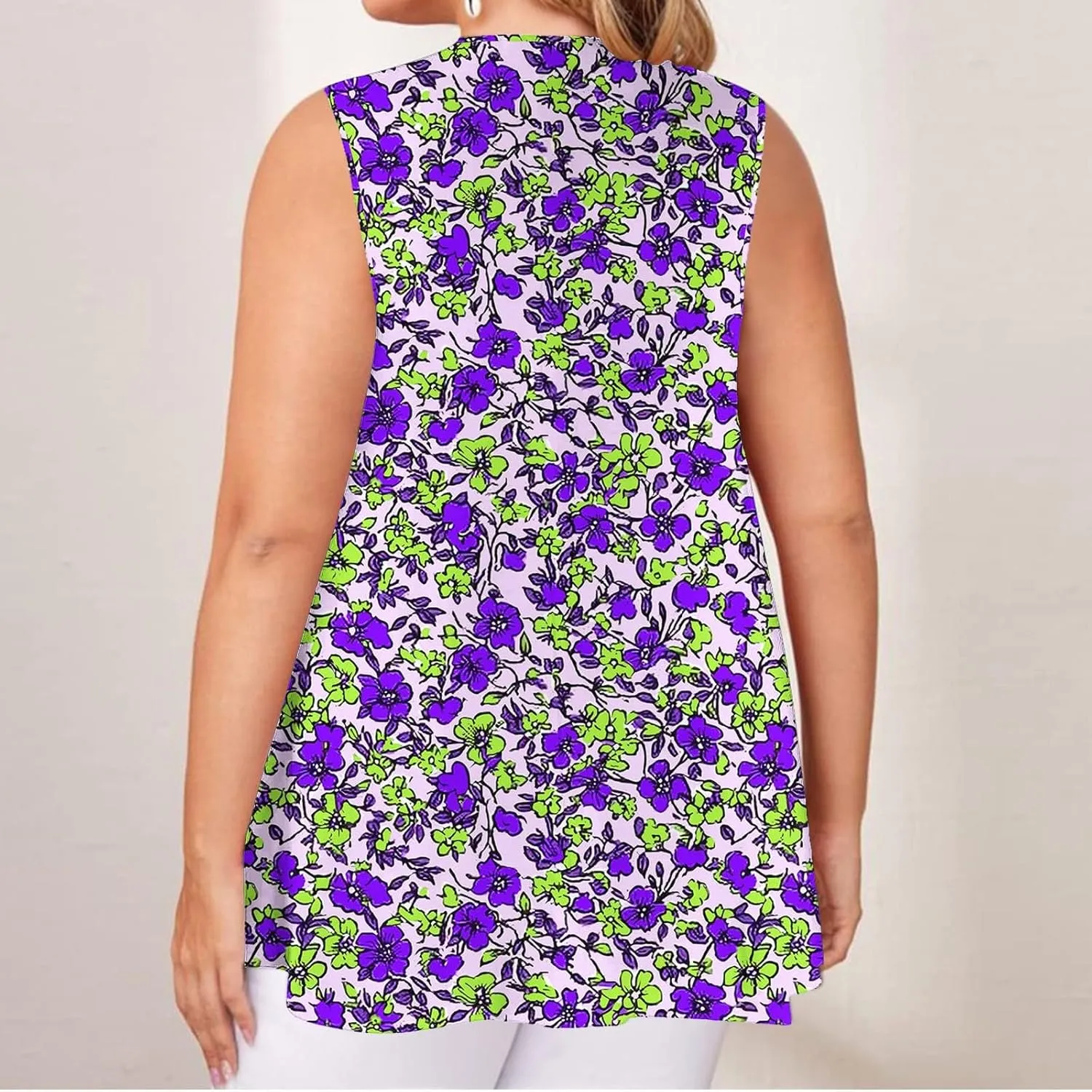 Fashion Print Plus Size Tank Tops for Women, Loose V-Neck Summer Sleeveless Casual Shirts Ruffle Hem Vacation Clothes