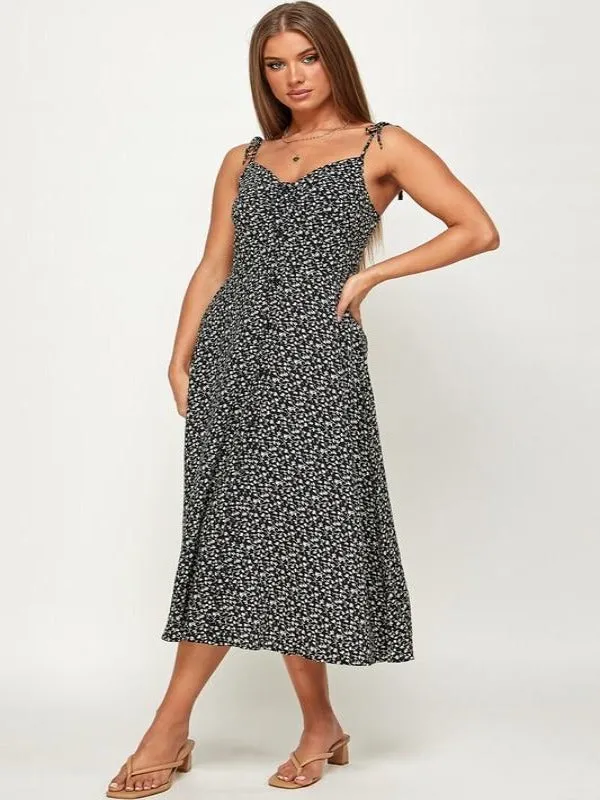 Floral Print Sweetheart Button Front Midi Dress