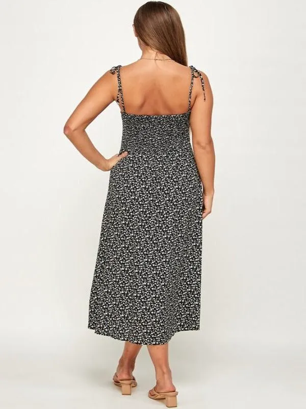 Floral Print Sweetheart Button Front Midi Dress