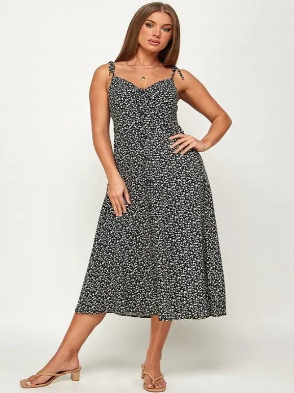 Floral Print Sweetheart Button Front Midi Dress