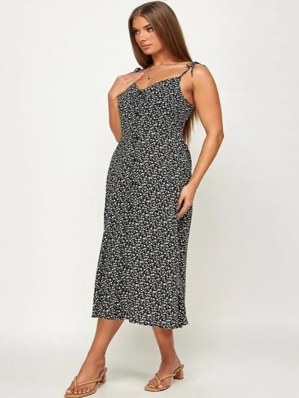Floral Print Sweetheart Button Front Midi Dress