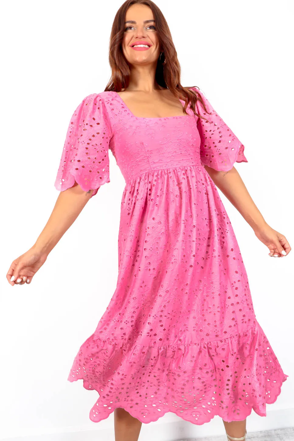 Girl Next Door - Pink Embroidery Anglaise Midi Dress