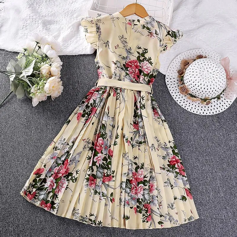 Girl Ruffle Sleeve Floral Dress Casual Pleated Casual A-line Swing Dresses