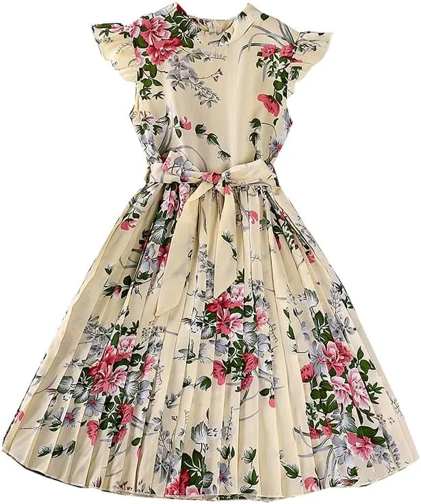 Girl Ruffle Sleeve Floral Dress Casual Pleated Casual A-line Swing Dresses