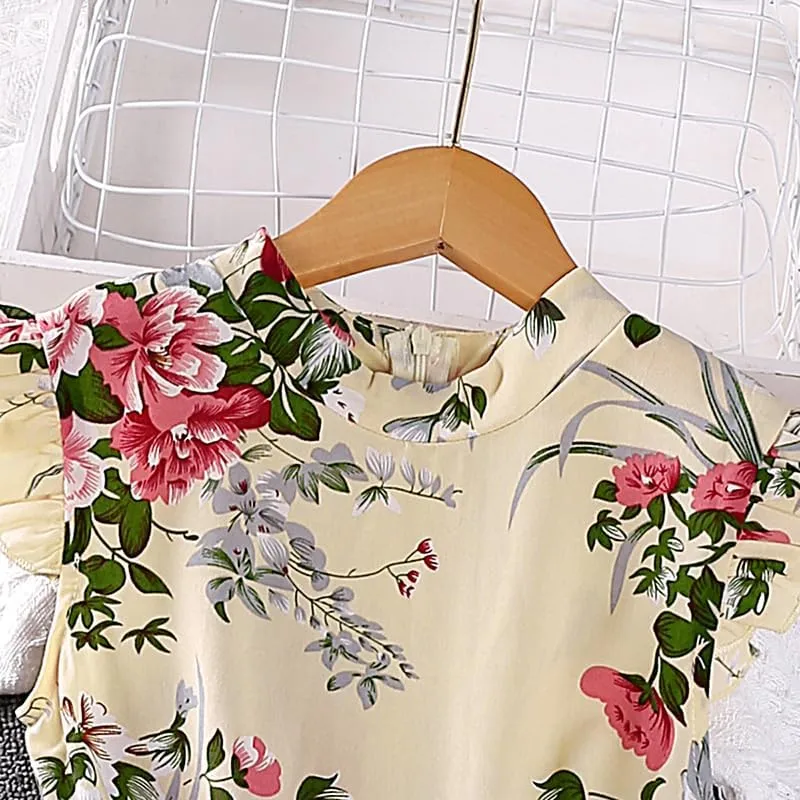 Girl Ruffle Sleeve Floral Dress Casual Pleated Casual A-line Swing Dresses