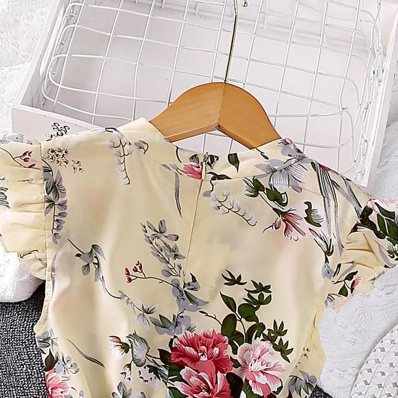 Girl Ruffle Sleeve Floral Dress Casual Pleated Casual A-line Swing Dresses