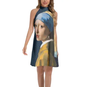 Girll With The Pearl Earring Tie Back Halter Neck Flared Dress