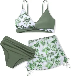 Girls Swimsuit 3 Piece V Neck Tropical Criss Cross Bikini Bathing Set Quick Dry Tankini with Drawstring Beach Skirt 7-16T