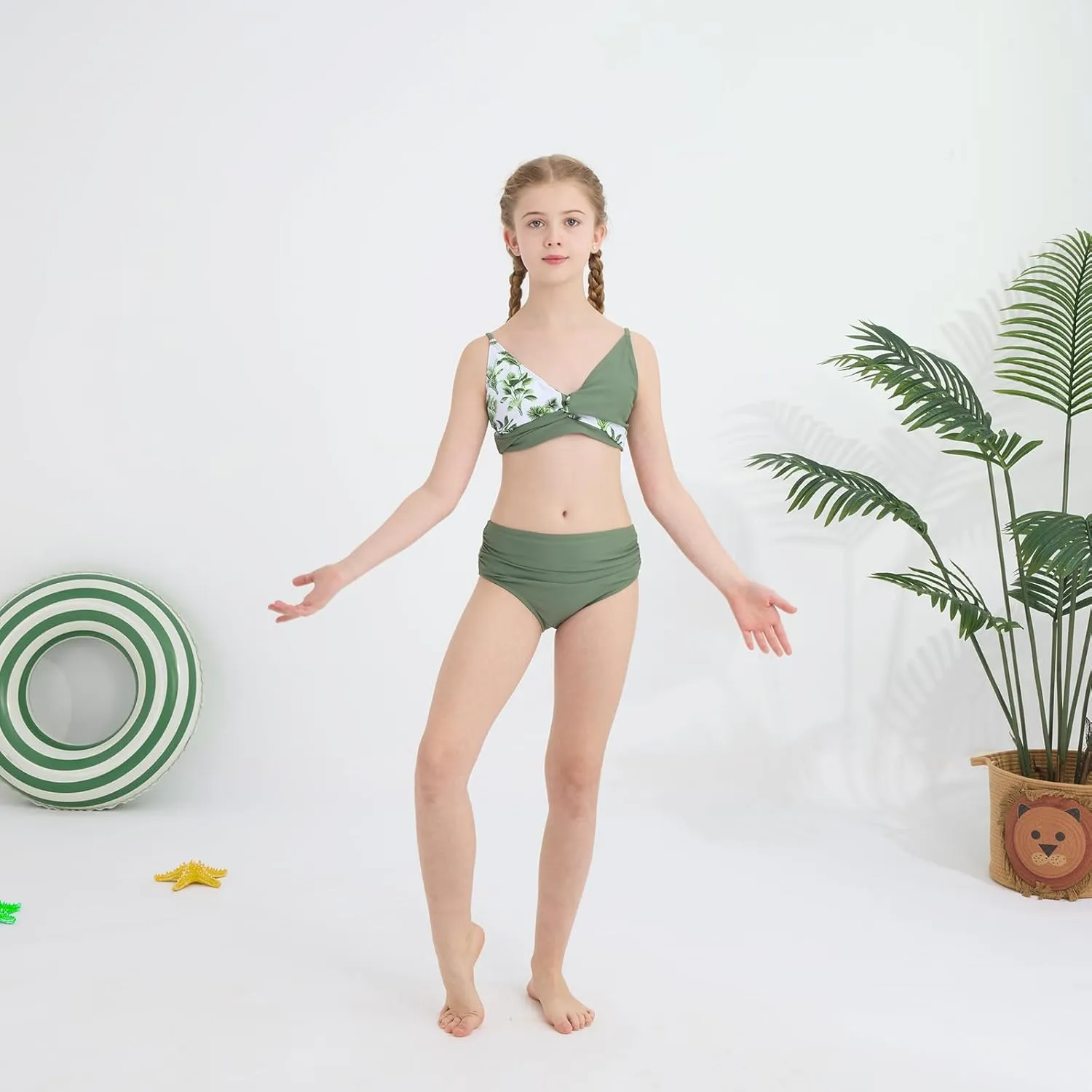 Girls Swimsuit 3 Piece V Neck Tropical Criss Cross Bikini Bathing Set Quick Dry Tankini with Drawstring Beach Skirt 7-16T