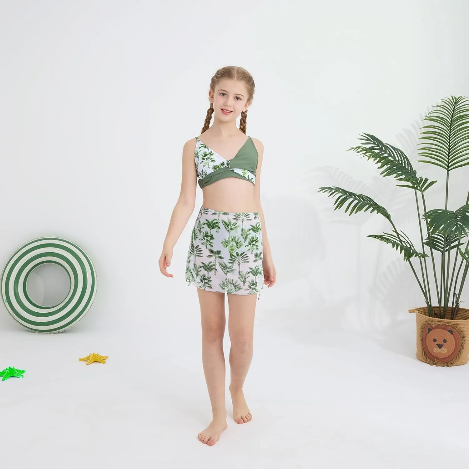Girls Swimsuit 3 Piece V Neck Tropical Criss Cross Bikini Bathing Set Quick Dry Tankini with Drawstring Beach Skirt 7-16T