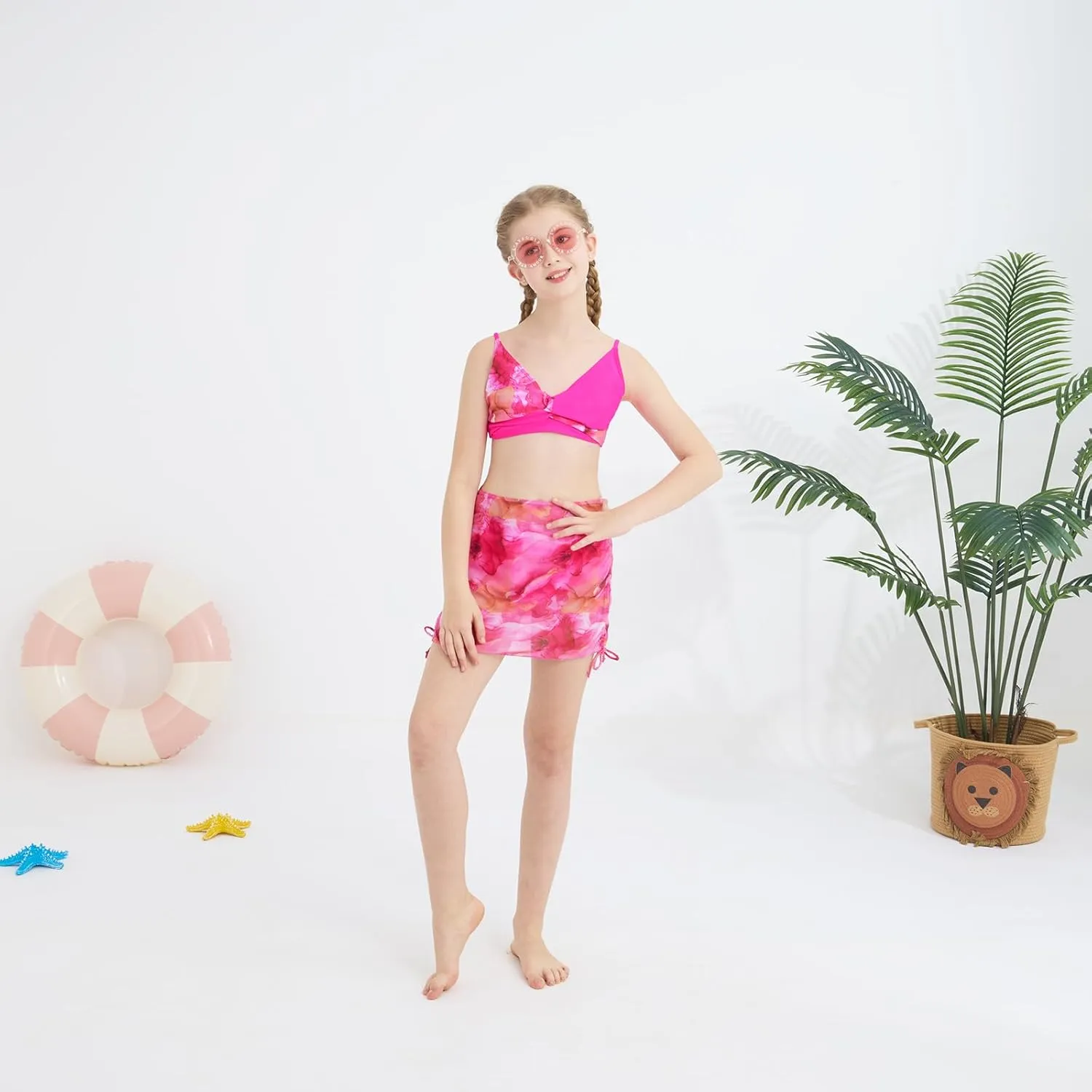 Girls Swimsuit 3 Piece V Neck Tropical Criss Cross Bikini Bathing Set Quick Dry Tankini with Drawstring Beach Skirt 7-16T