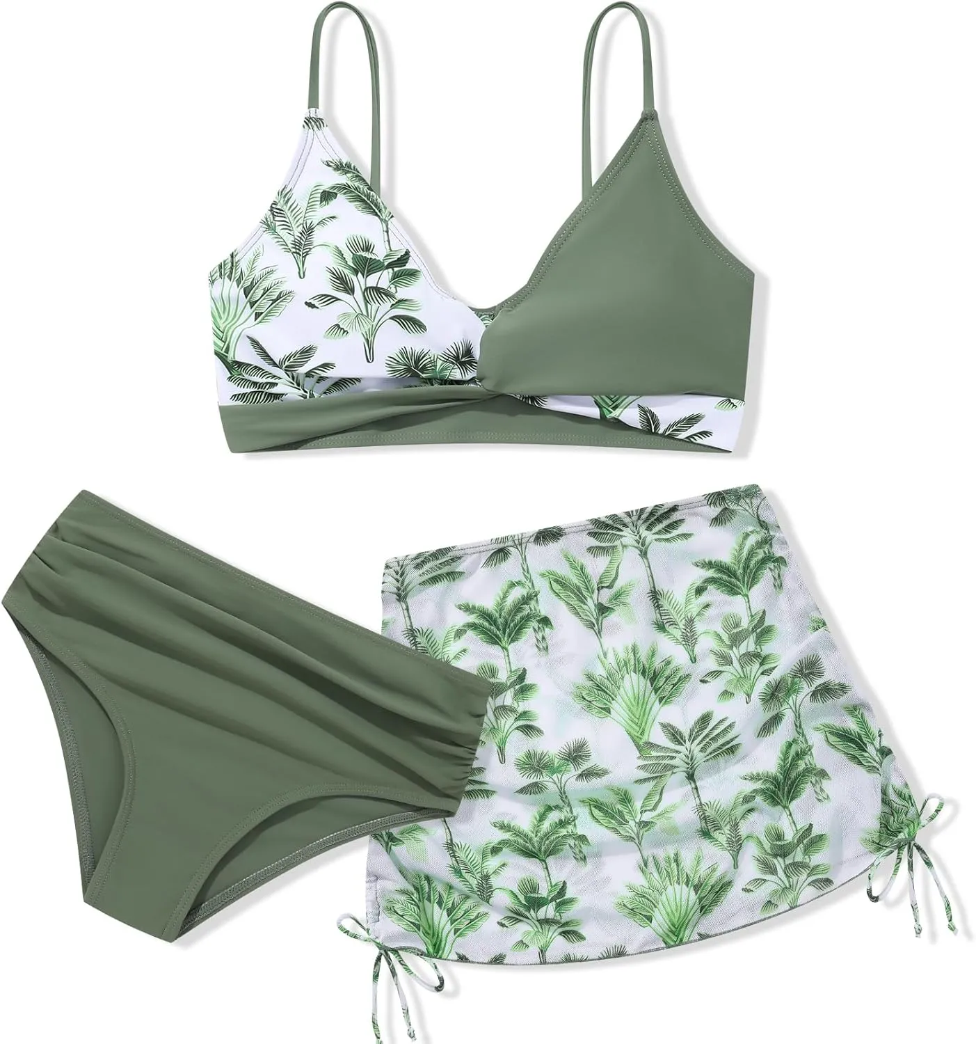 Girls Swimsuit 3 Piece V Neck Tropical Criss Cross Bikini Bathing Set Quick Dry Tankini with Drawstring Beach Skirt 7-16T