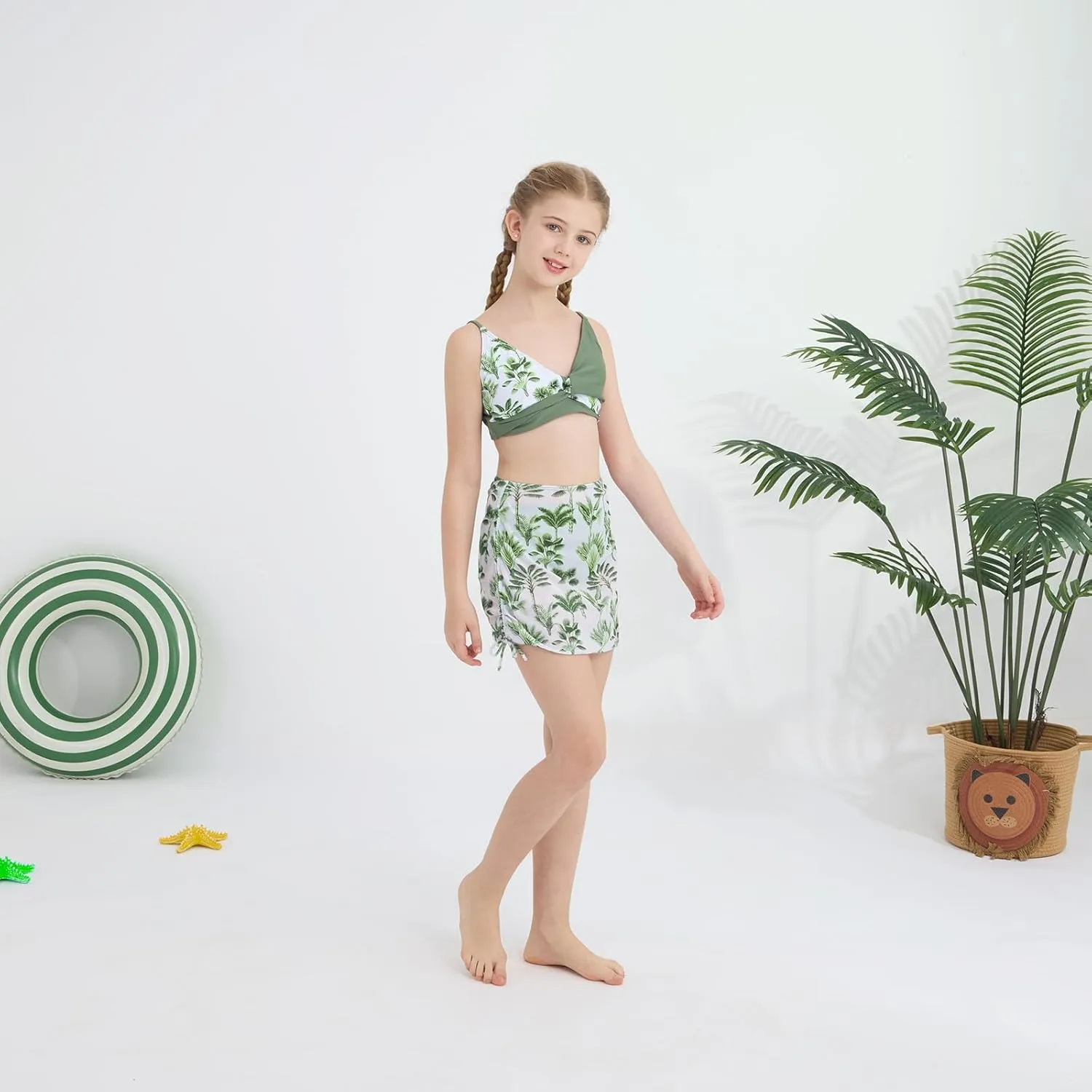 Girls Swimsuit 3 Piece V Neck Tropical Criss Cross Bikini Bathing Set Quick Dry Tankini with Drawstring Beach Skirt 7-16T