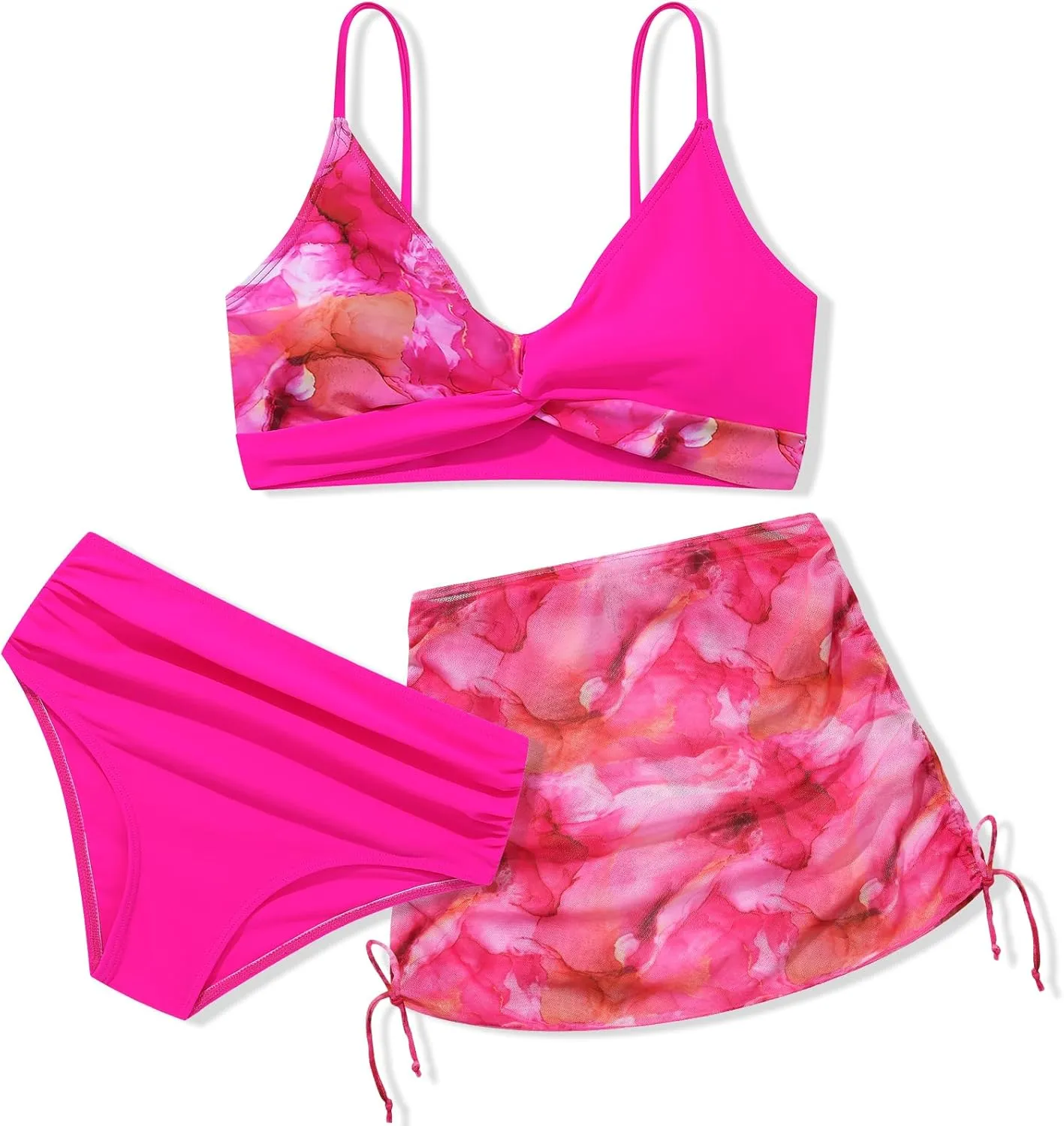 Girls Swimsuit 3 Piece V Neck Tropical Criss Cross Bikini Bathing Set Quick Dry Tankini with Drawstring Beach Skirt 7-16T