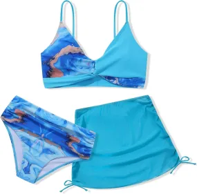 Girls Swimsuit 3 Piece V Neck Tropical Criss Cross Bikini Bathing Set Quick Dry Tankini with Drawstring Beach Skirt 7-16T