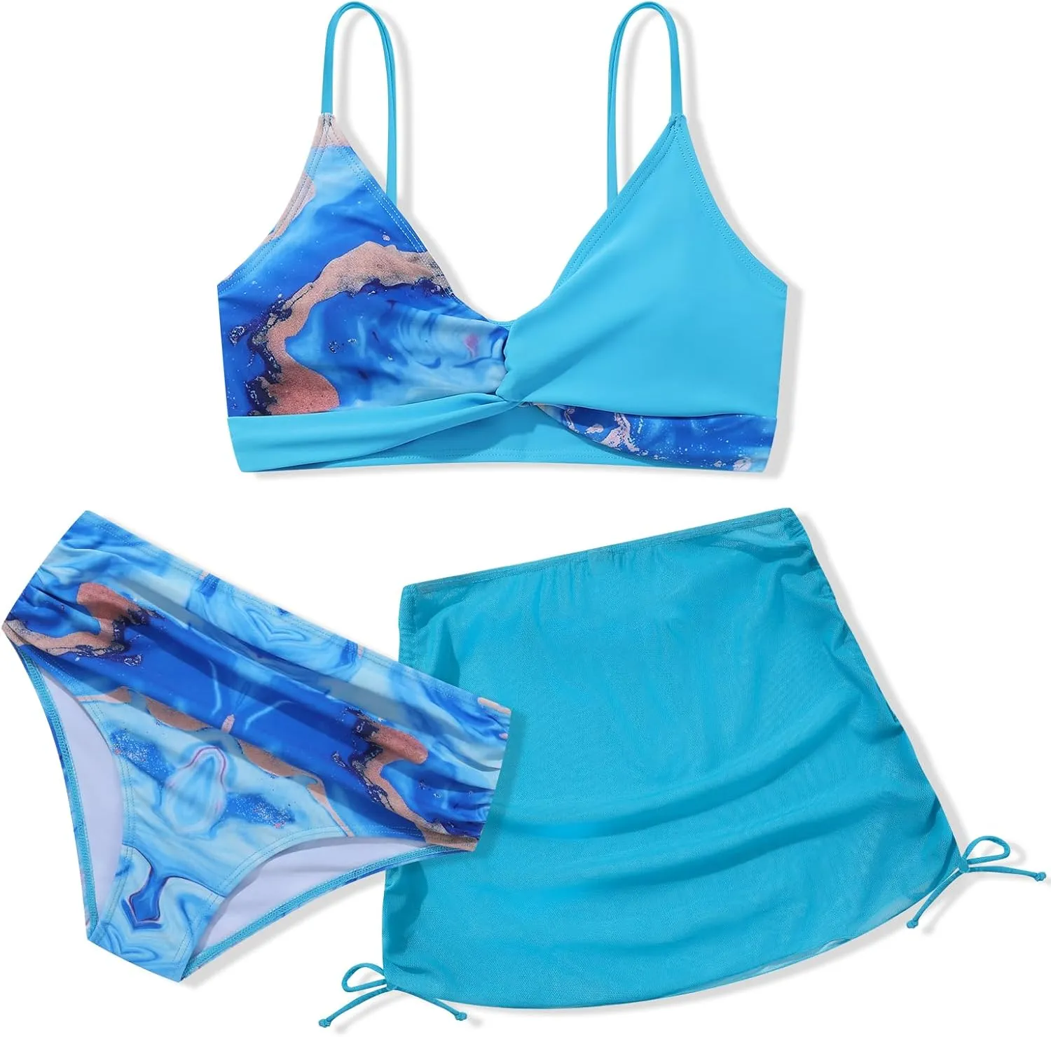 Girls Swimsuit 3 Piece V Neck Tropical Criss Cross Bikini Bathing Set Quick Dry Tankini with Drawstring Beach Skirt 7-16T