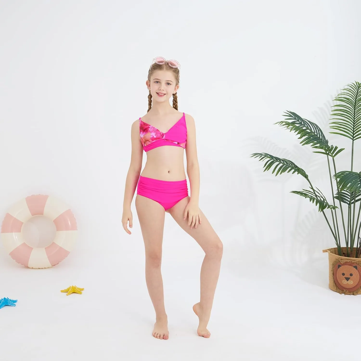 Girls Swimsuit 3 Piece V Neck Tropical Criss Cross Bikini Bathing Set Quick Dry Tankini with Drawstring Beach Skirt 7-16T