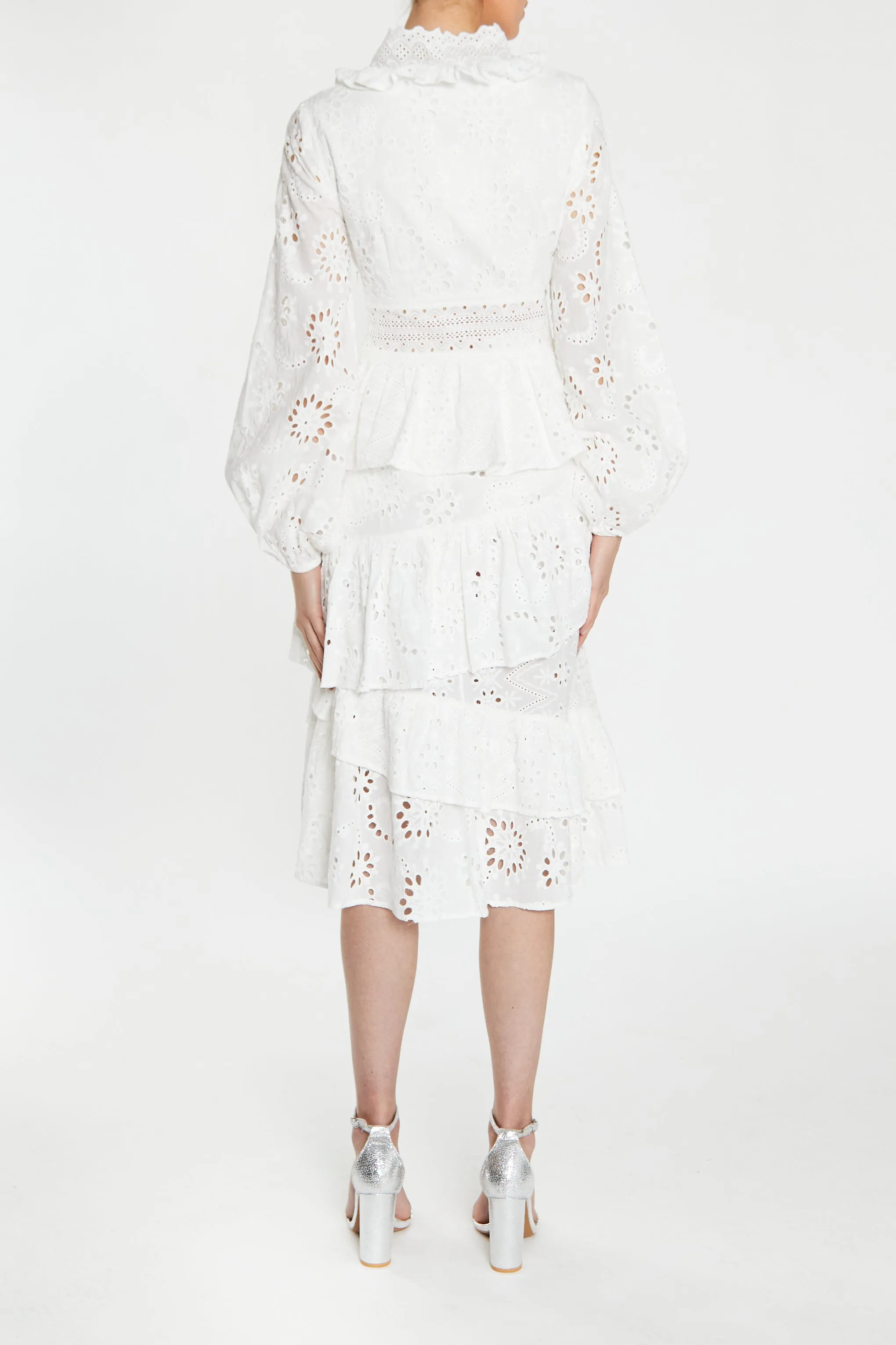 Grace White-Broderie Lace Trim Tiered Midi-Dress