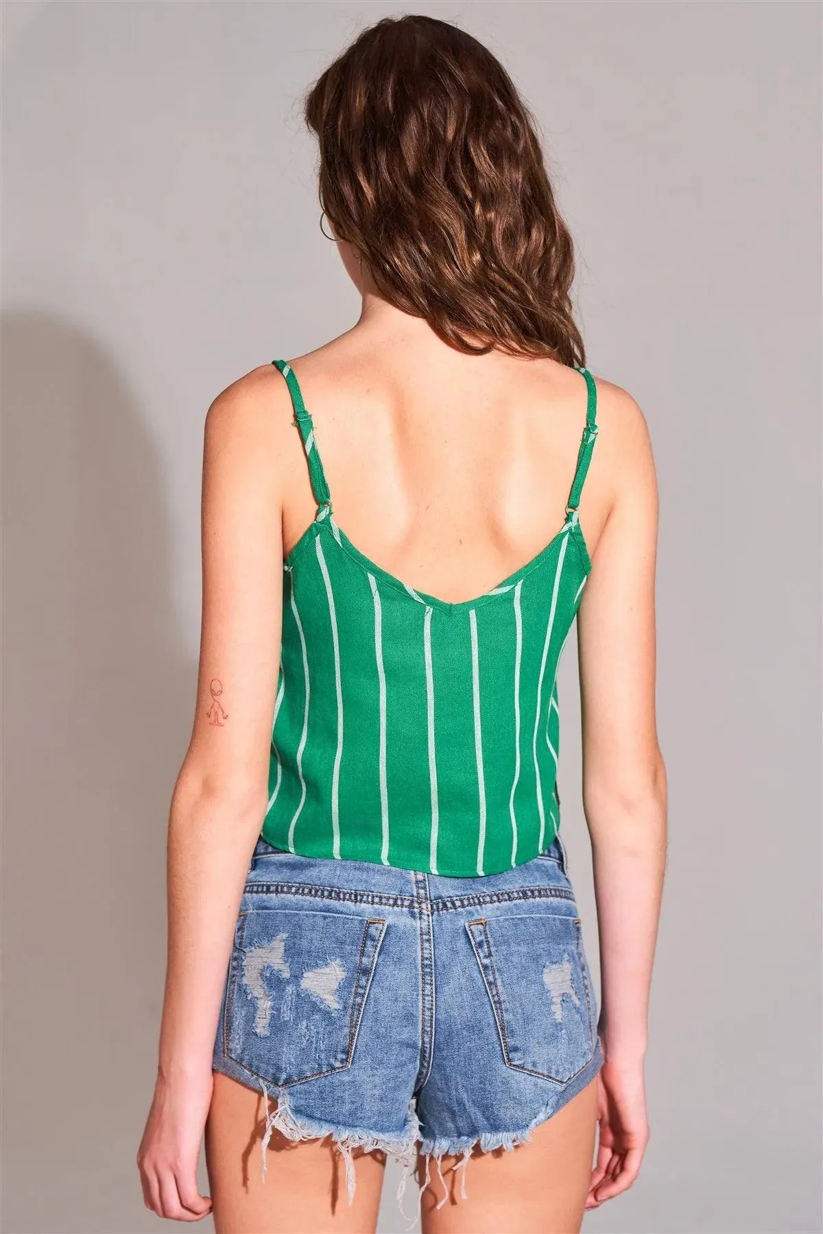 Green & White Striped Sleeveless V-Neck Button-Down Front Crop Top /2-2-2