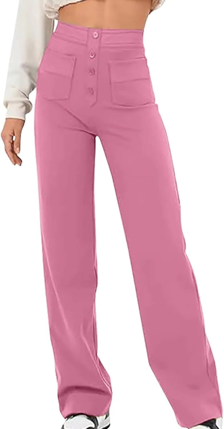JOAU Womens 2024 Summer High Waisted Straight Leg Pants Fashion Button Decorated Casual Stretchy Trousers with Front Pockets