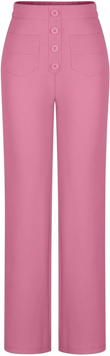 JOAU Womens 2024 Summer High Waisted Straight Leg Pants Fashion Button Decorated Casual Stretchy Trousers with Front Pockets