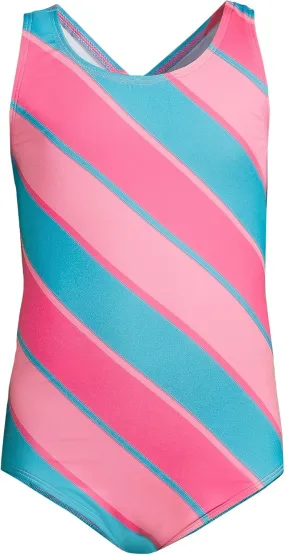 Lands' End Girls Chlorine Resistant One Piece UPF 50 Swimsuit X-Large Knockout Pink/Turquoise Stripe