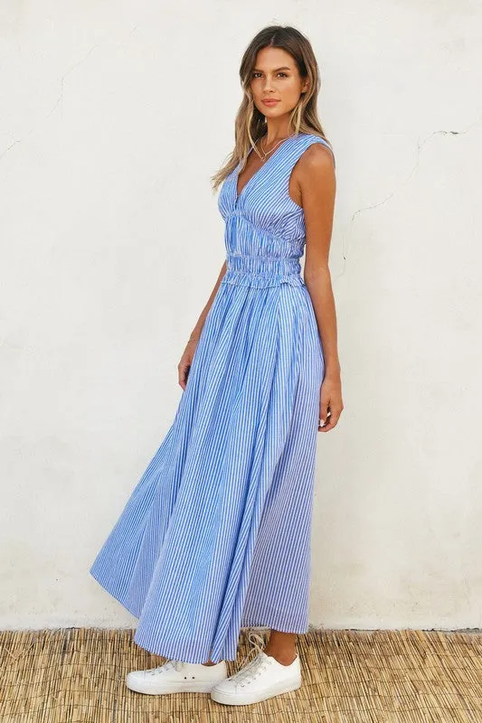 Leigh Sleeveless Stripe Print Shirred Waist Midi Dress Blue