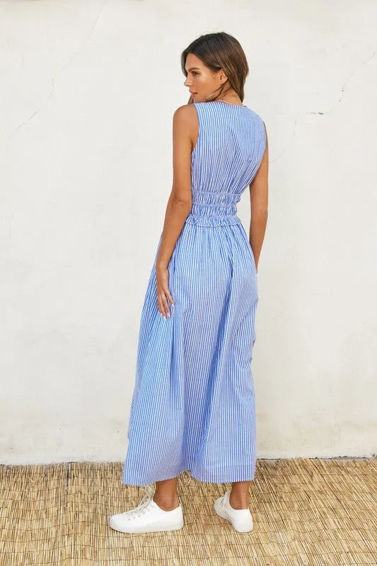 Leigh Sleeveless Stripe Print Shirred Waist Midi Dress Blue