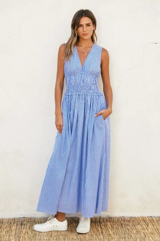Leigh Sleeveless Stripe Print Shirred Waist Midi Dress Blue