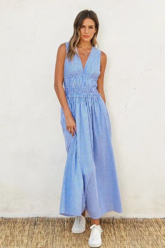 Leigh Sleeveless Stripe Print Shirred Waist Midi Dress Blue