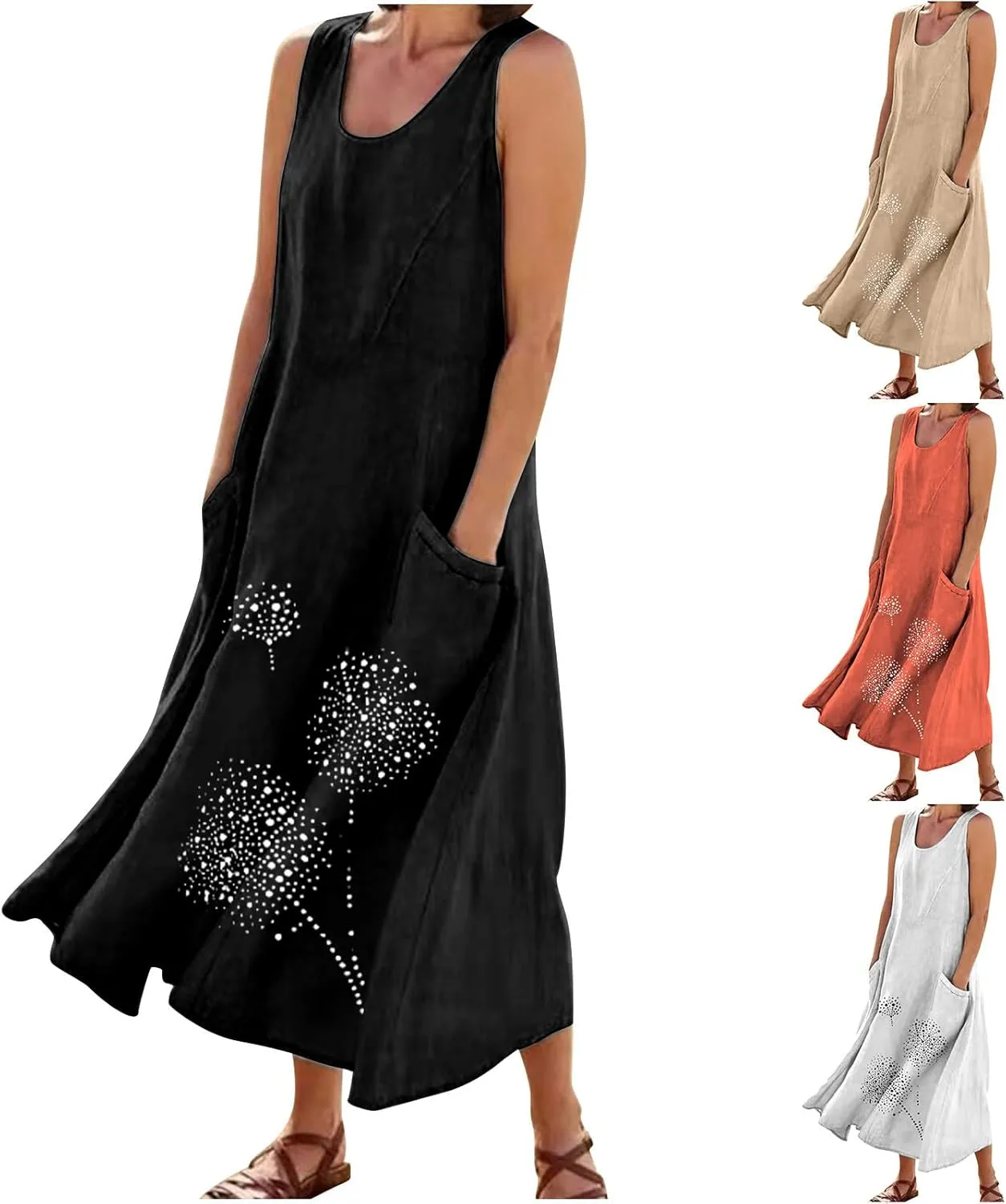 Linen Dress Women Summer Print Loose Casual Beach Vacation Flowy Maxi Dress with Pockets Long Flowy Boho Dresses