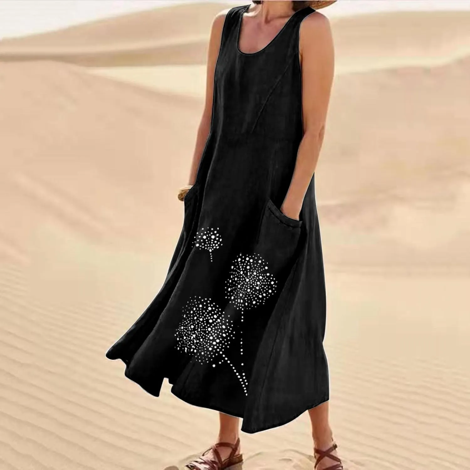 Linen Dress Women Summer Print Loose Casual Beach Vacation Flowy Maxi Dress with Pockets Long Flowy Boho Dresses
