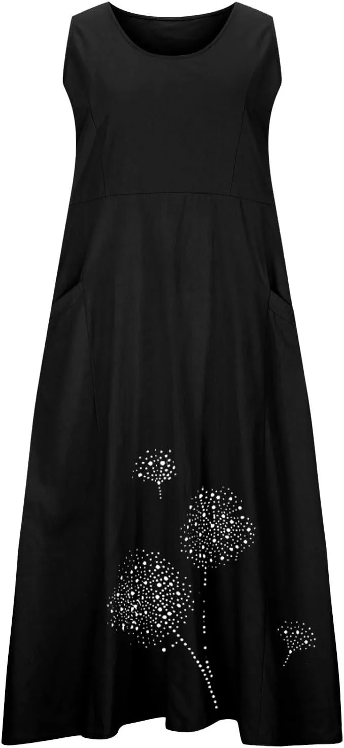 Linen Dress Women Summer Print Loose Casual Beach Vacation Flowy Maxi Dress with Pockets Long Flowy Boho Dresses