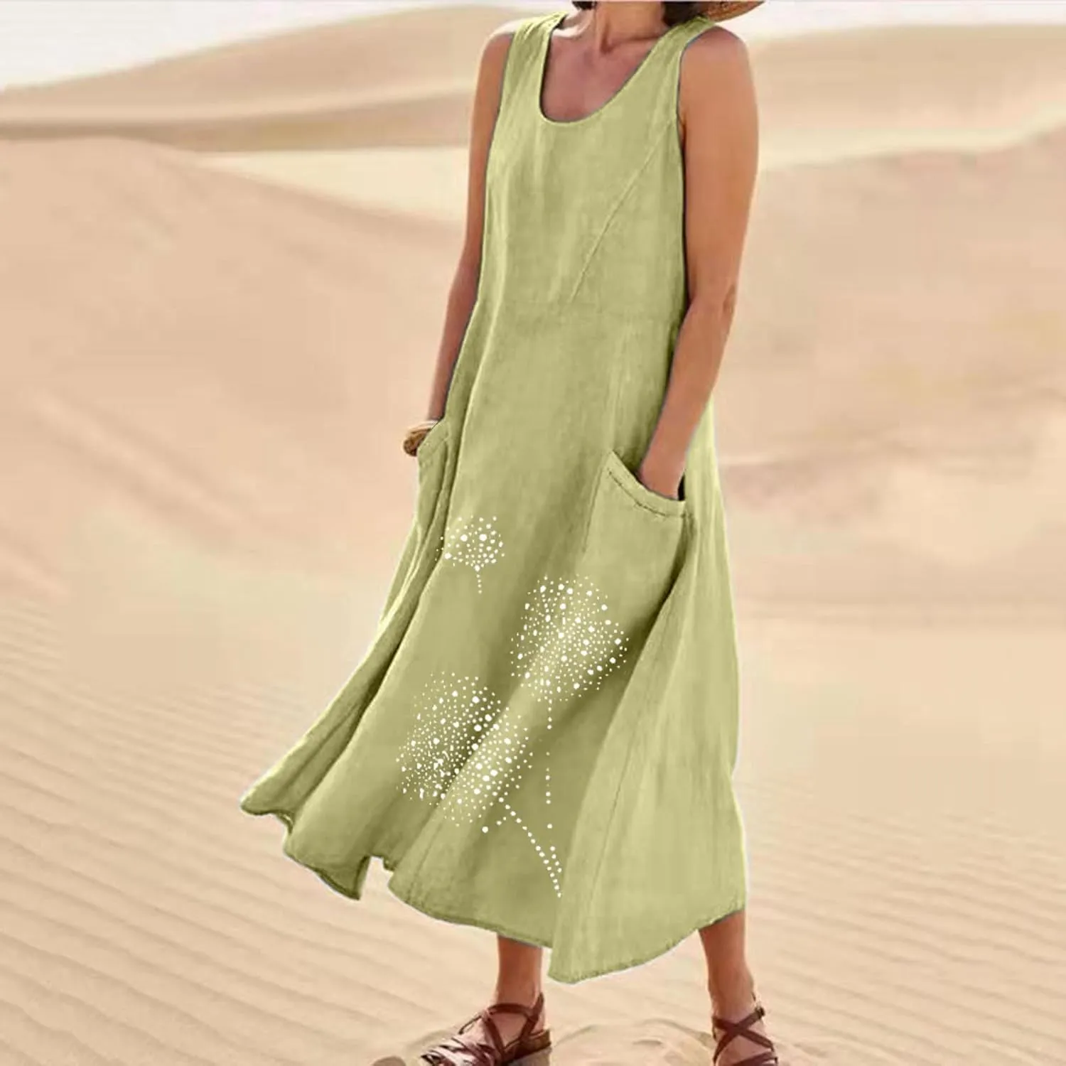 Linen Dress Women Summer Print Loose Casual Beach Vacation Flowy Maxi Dress with Pockets Long Flowy Boho Dresses