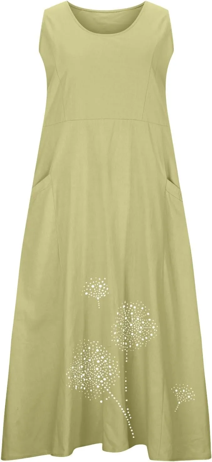 Linen Dress Women Summer Print Loose Casual Beach Vacation Flowy Maxi Dress with Pockets Long Flowy Boho Dresses