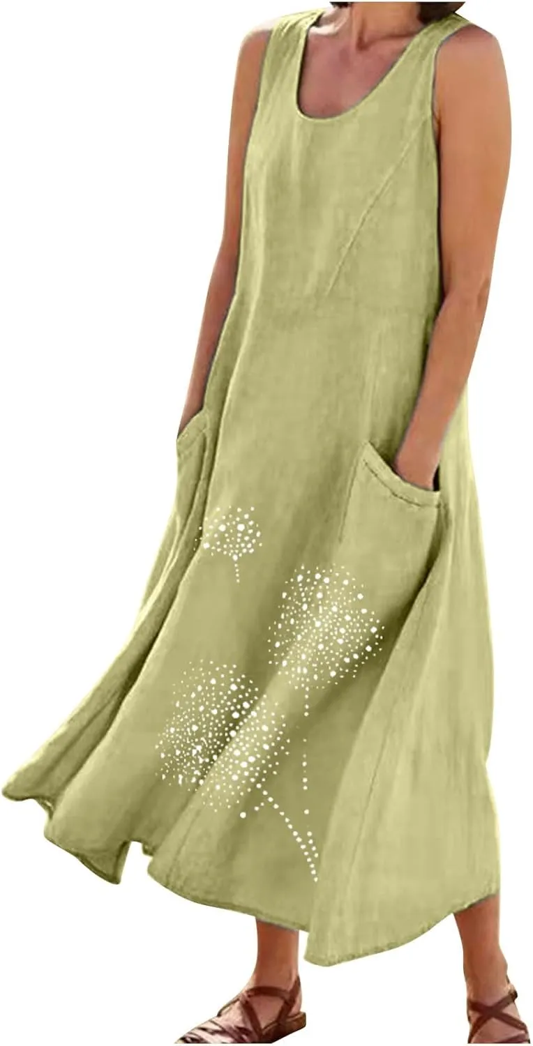 Linen Dress Women Summer Print Loose Casual Beach Vacation Flowy Maxi Dress with Pockets Long Flowy Boho Dresses