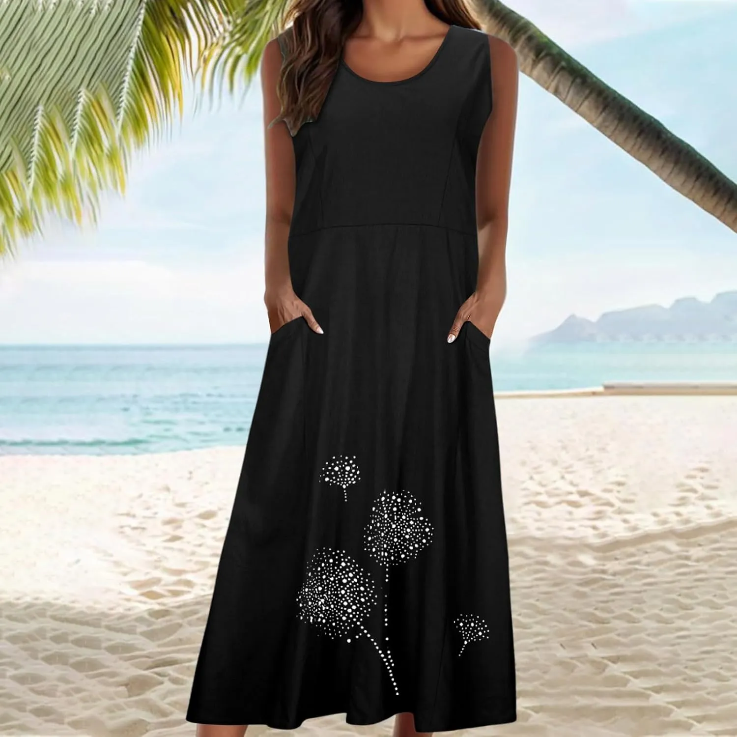 Linen Dress Women Summer Print Loose Casual Beach Vacation Flowy Maxi Dress with Pockets Long Flowy Boho Dresses