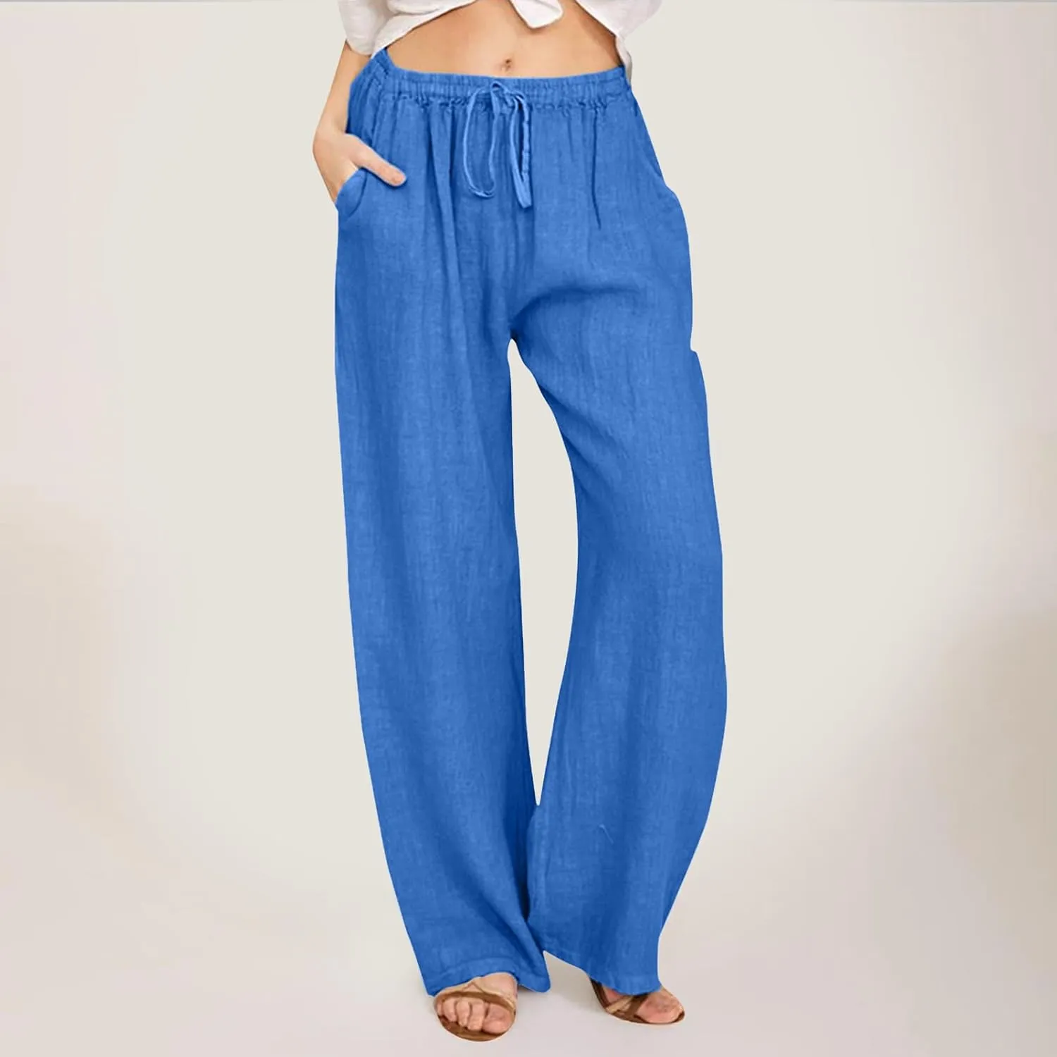 Linen Pants Women Summer Drawstring Waist Wide Leg Loose Palazzo Pants Casual Comfy Beach Vacation Long Trousers