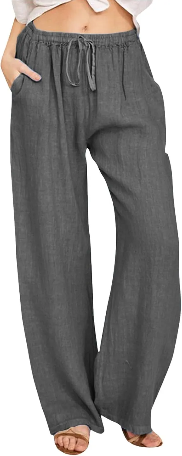 Linen Pants Women Summer Drawstring Waist Wide Leg Loose Palazzo Pants Casual Comfy Beach Vacation Long Trousers