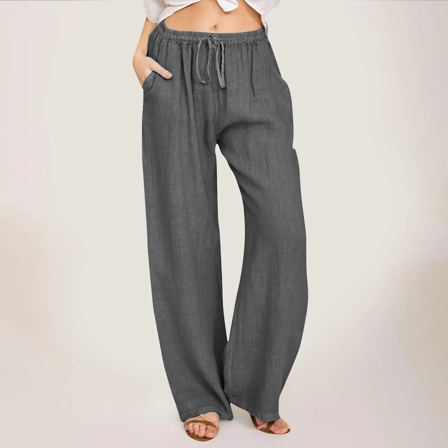 Linen Pants Women Summer Drawstring Waist Wide Leg Loose Palazzo Pants Casual Comfy Beach Vacation Long Trousers