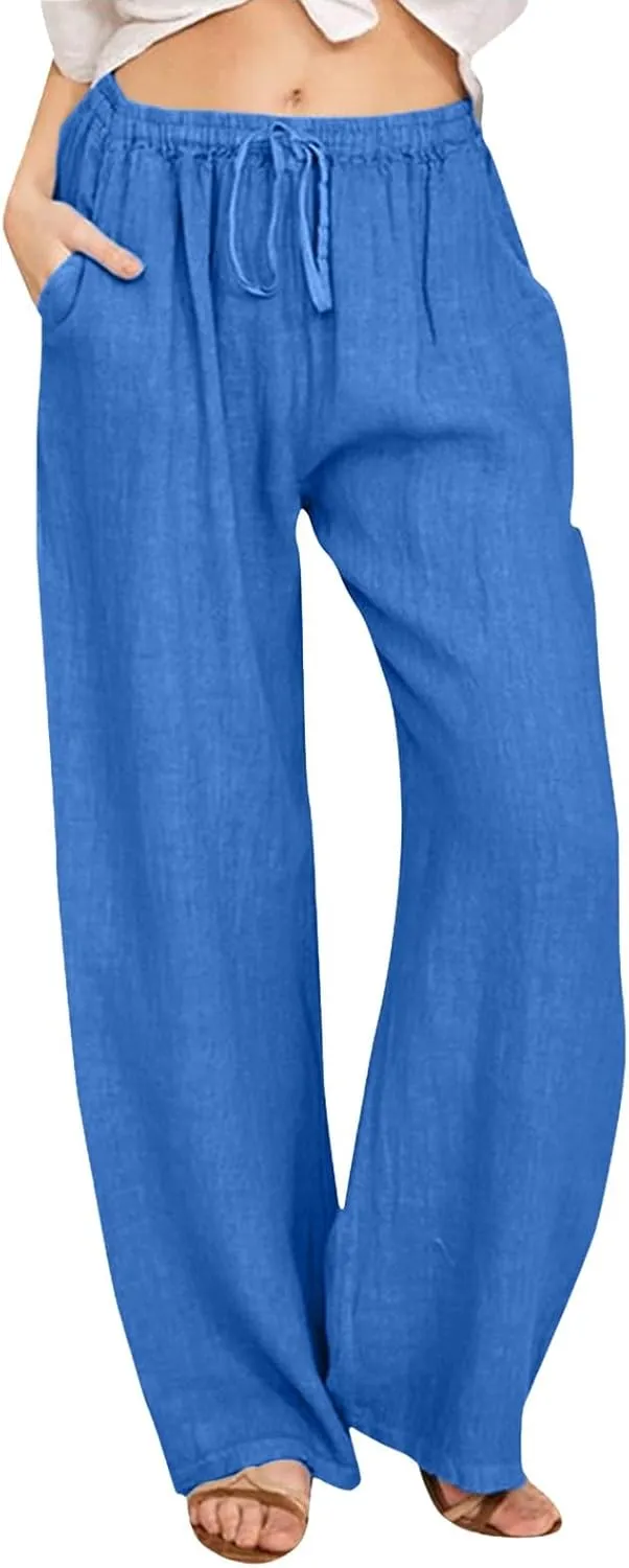 Linen Pants Women Summer Drawstring Waist Wide Leg Loose Palazzo Pants Casual Comfy Beach Vacation Long Trousers
