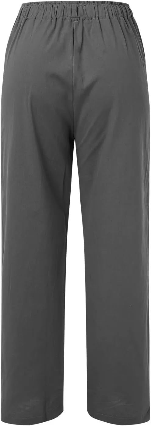 Linen Pants Women Summer Drawstring Waist Wide Leg Loose Palazzo Pants Casual Comfy Beach Vacation Long Trousers