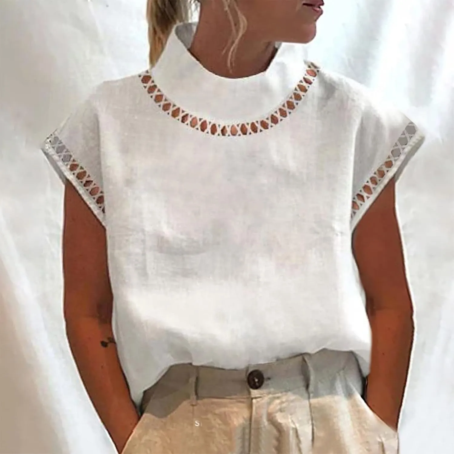 Linen Tank Top Women Summer Turtleneck Sleeveless Breathable Lace Vest Cotton Loose Comfy Casual Solid Shirt Camisole